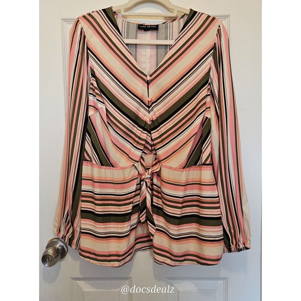 Lane Bryant V-Neck Tie-Front Peplum White, Pink, Green, Striped Size 16